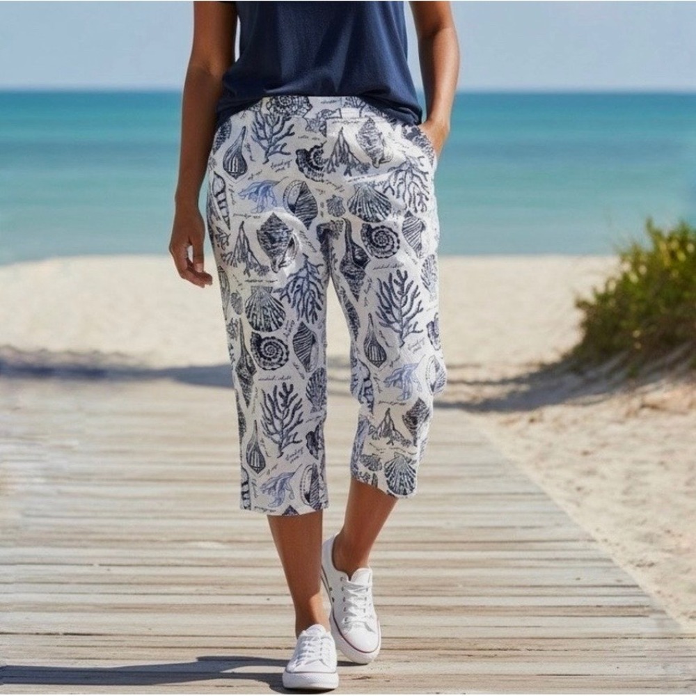 Charter Club Luxury 100% Linen Seashell
Print Wide Leg Pants 23.5" Blue Size L